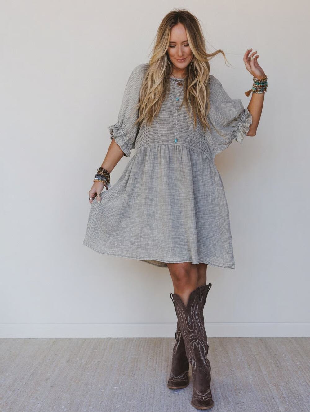 NEW Three Bird Nest Quinn Mini Dress Women's Ash Gray Smocked Puff Sleeve S
